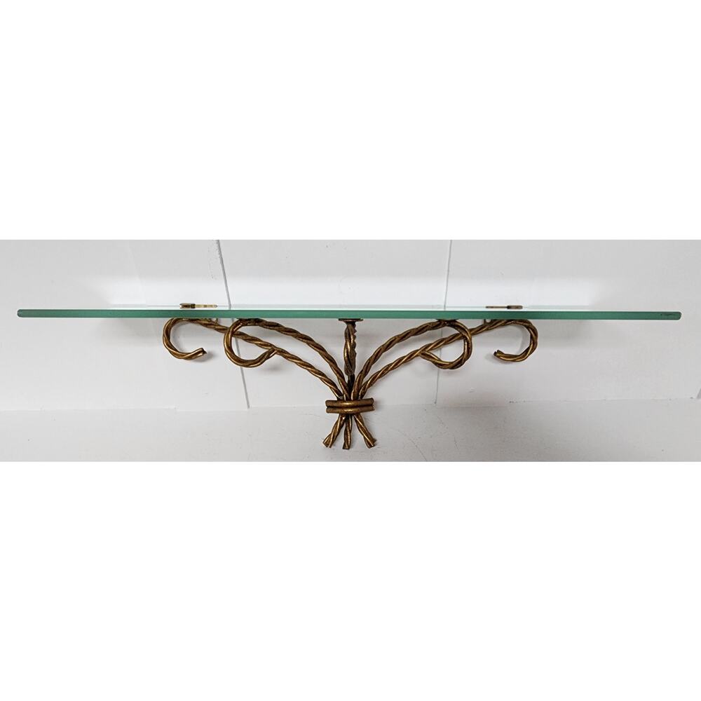 Vintage Gold Wrapped Wire Wall Shelf w/ Plate Glass Top – 17.75" Wide